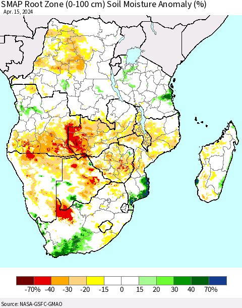 Southern Africa SMAP Root Zone (0-100 cm) Soil Moisture Anomaly (%) Thematic Map For 4/11/2024 - 4/15/2024
