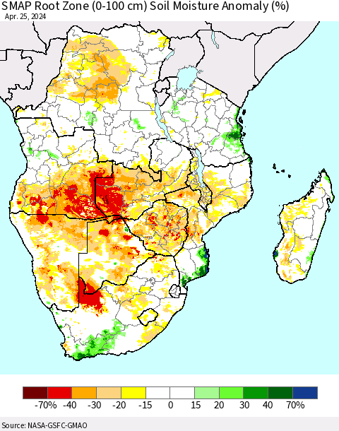 Southern Africa SMAP Root Zone (0-100 cm) Soil Moisture Anomaly (%) Thematic Map For 4/21/2024 - 4/25/2024