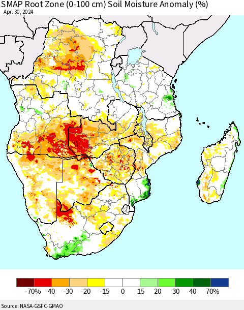 Southern Africa SMAP Root Zone (0-100 cm) Soil Moisture Anomaly (%) Thematic Map For 4/26/2024 - 4/30/2024