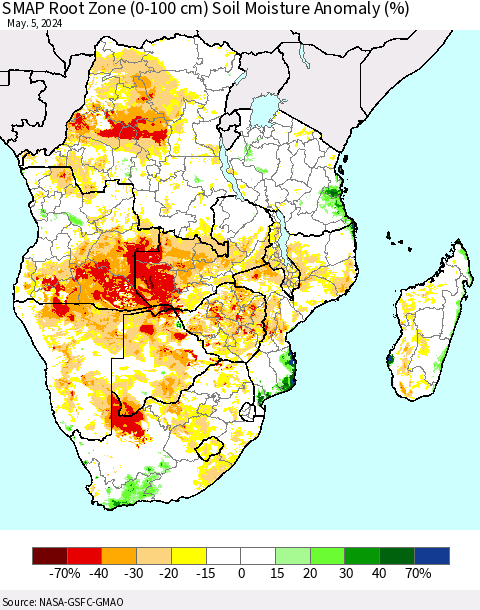 Southern Africa SMAP Root Zone (0-100 cm) Soil Moisture Anomaly (%) Thematic Map For 5/1/2024 - 5/5/2024
