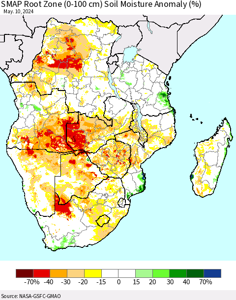 Southern Africa SMAP Root Zone (0-100 cm) Soil Moisture Anomaly (%) Thematic Map For 5/6/2024 - 5/10/2024
