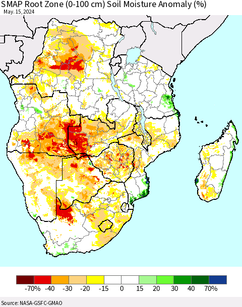 Southern Africa SMAP Root Zone (0-100 cm) Soil Moisture Anomaly (%) Thematic Map For 5/11/2024 - 5/15/2024