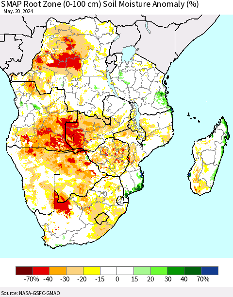Southern Africa SMAP Root Zone (0-100 cm) Soil Moisture Anomaly (%) Thematic Map For 5/16/2024 - 5/20/2024