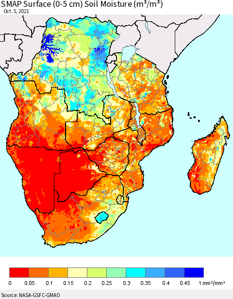 Southern Africa SMAP Surface (0-5 cm) Soil Moisture (m³/m³) Thematic Map For 10/1/2021 - 10/5/2021
