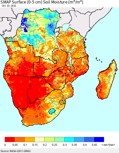 Southern Africa SMAP Surface (0-5 cm) Soil Moisture (m³/m³) Thematic Map For 10/6/2021 - 10/10/2021