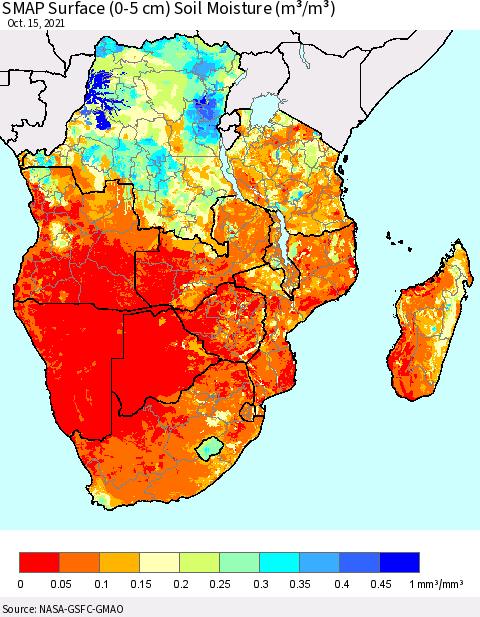Southern Africa SMAP Surface (0-5 cm) Soil Moisture (m³/m³) Thematic Map For 10/11/2021 - 10/15/2021