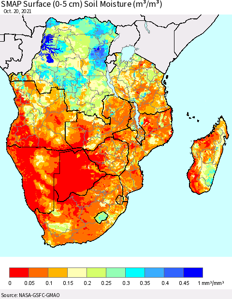 Southern Africa SMAP Surface (0-5 cm) Soil Moisture (m³/m³) Thematic Map For 10/16/2021 - 10/20/2021