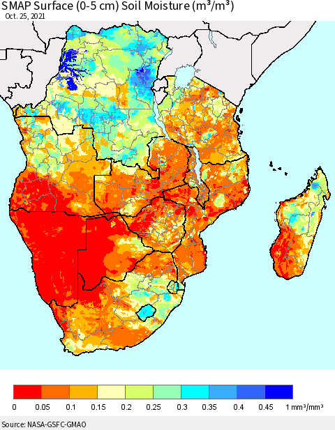 Southern Africa SMAP Surface (0-5 cm) Soil Moisture (m³/m³) Thematic Map For 10/21/2021 - 10/25/2021