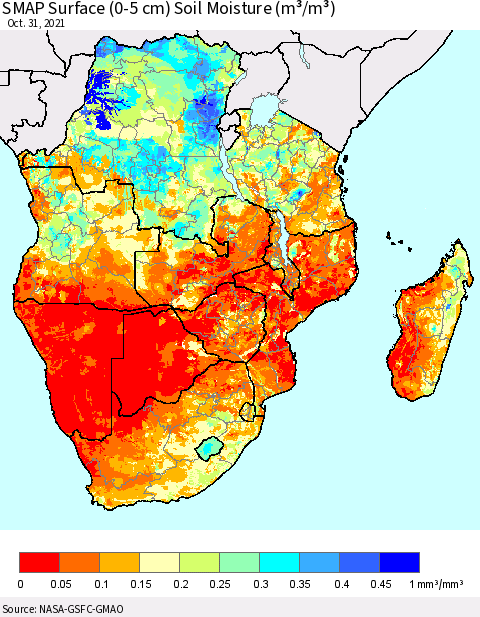 Southern Africa SMAP Surface (0-5 cm) Soil Moisture (m³/m³) Thematic Map For 10/26/2021 - 10/31/2021