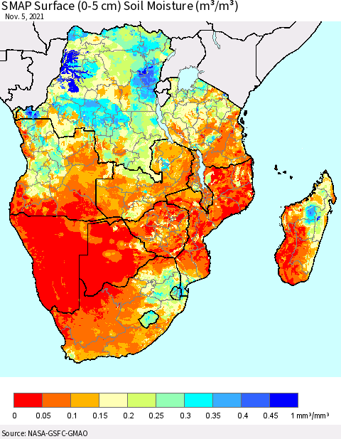 Southern Africa SMAP Surface (0-5 cm) Soil Moisture (m³/m³) Thematic Map For 11/1/2021 - 11/5/2021