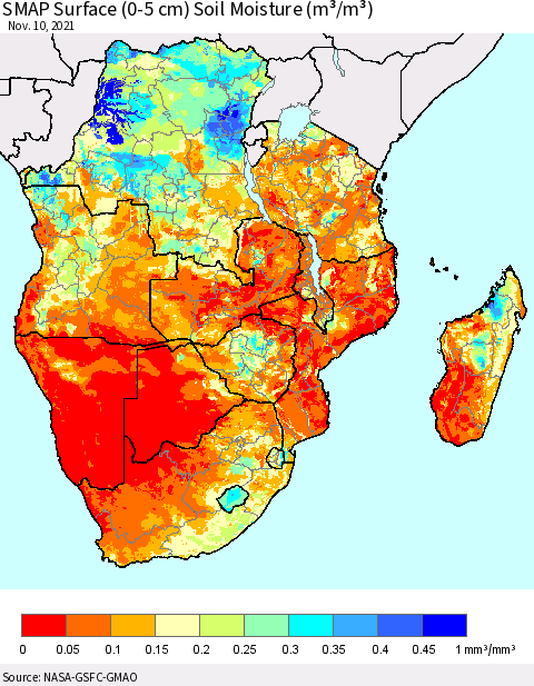 Southern Africa SMAP Surface (0-5 cm) Soil Moisture (m³/m³) Thematic Map For 11/6/2021 - 11/10/2021