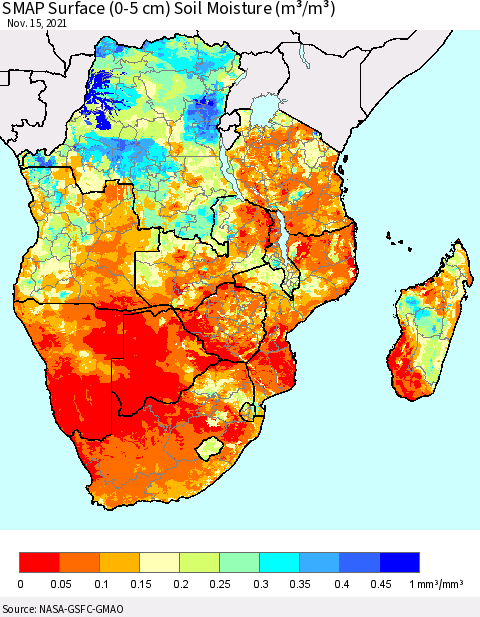 Southern Africa SMAP Surface (0-5 cm) Soil Moisture (m³/m³) Thematic Map For 11/11/2021 - 11/15/2021