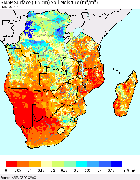 Southern Africa SMAP Surface (0-5 cm) Soil Moisture (m³/m³) Thematic Map For 11/16/2021 - 11/20/2021