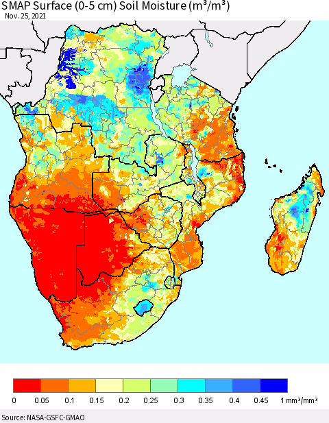 Southern Africa SMAP Surface (0-5 cm) Soil Moisture (m³/m³) Thematic Map For 11/21/2021 - 11/25/2021