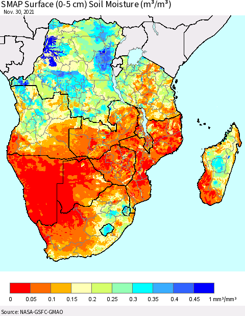 Southern Africa SMAP Surface (0-5 cm) Soil Moisture (m³/m³) Thematic Map For 11/26/2021 - 11/30/2021