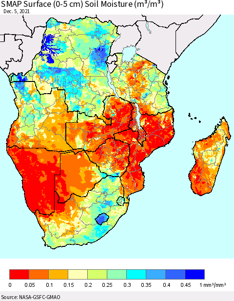 Southern Africa SMAP Surface (0-5 cm) Soil Moisture (m³/m³) Thematic Map For 12/1/2021 - 12/5/2021