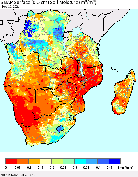 Southern Africa SMAP Surface (0-5 cm) Soil Moisture (m³/m³) Thematic Map For 12/6/2021 - 12/10/2021