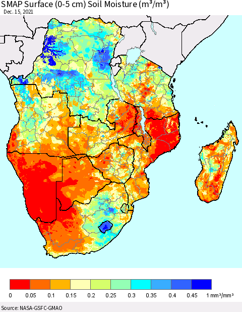 Southern Africa SMAP Surface (0-5 cm) Soil Moisture (m³/m³) Thematic Map For 12/11/2021 - 12/15/2021