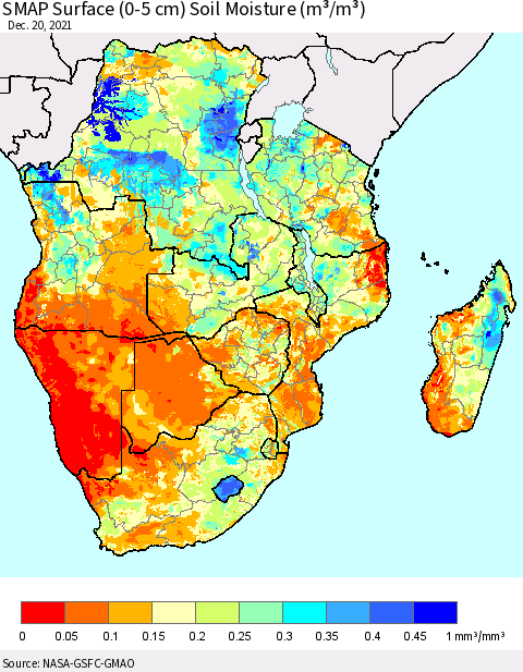 Southern Africa SMAP Surface (0-5 cm) Soil Moisture (m³/m³) Thematic Map For 12/16/2021 - 12/20/2021
