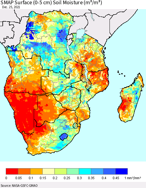Southern Africa SMAP Surface (0-5 cm) Soil Moisture (m³/m³) Thematic Map For 12/21/2021 - 12/25/2021
