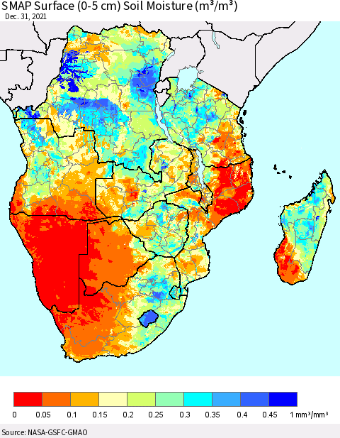 Southern Africa SMAP Surface (0-5 cm) Soil Moisture (m³/m³) Thematic Map For 12/26/2021 - 12/31/2021