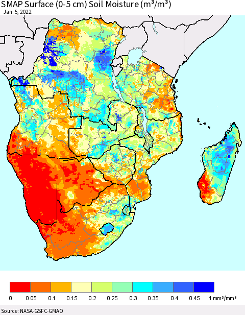 Southern Africa SMAP Surface (0-5 cm) Soil Moisture (m³/m³) Thematic Map For 1/1/2022 - 1/5/2022