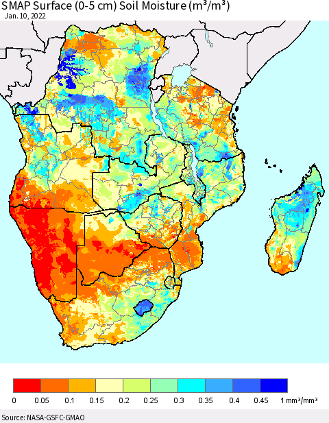 Southern Africa SMAP Surface (0-5 cm) Soil Moisture (m³/m³) Thematic Map For 1/6/2022 - 1/10/2022