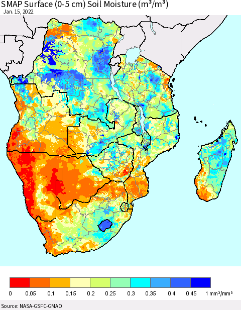 Southern Africa SMAP Surface (0-5 cm) Soil Moisture (m³/m³) Thematic Map For 1/11/2022 - 1/15/2022