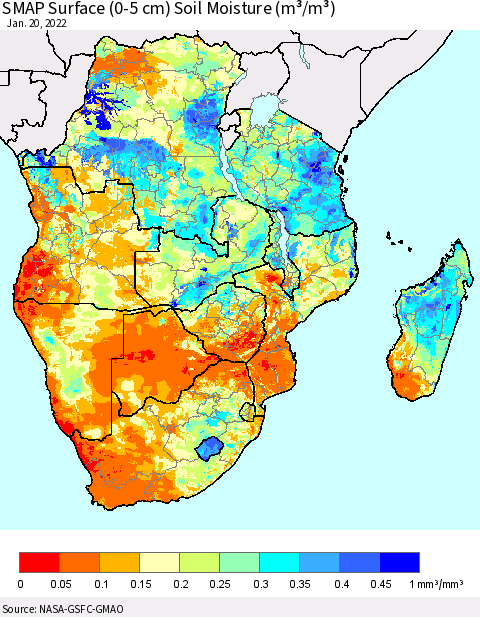 Southern Africa SMAP Surface (0-5 cm) Soil Moisture (m³/m³) Thematic Map For 1/16/2022 - 1/20/2022