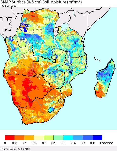 Southern Africa SMAP Surface (0-5 cm) Soil Moisture (m³/m³) Thematic Map For 1/21/2022 - 1/25/2022