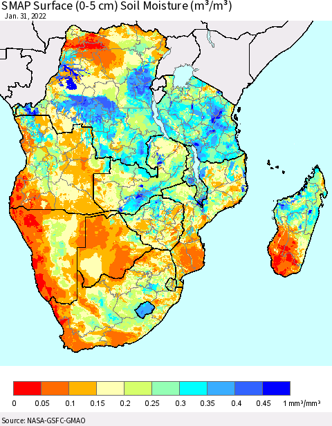 Southern Africa SMAP Surface (0-5 cm) Soil Moisture (m³/m³) Thematic Map For 1/26/2022 - 1/31/2022