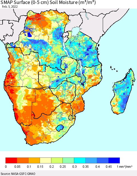 Southern Africa SMAP Surface (0-5 cm) Soil Moisture (m³/m³) Thematic Map For 2/1/2022 - 2/5/2022