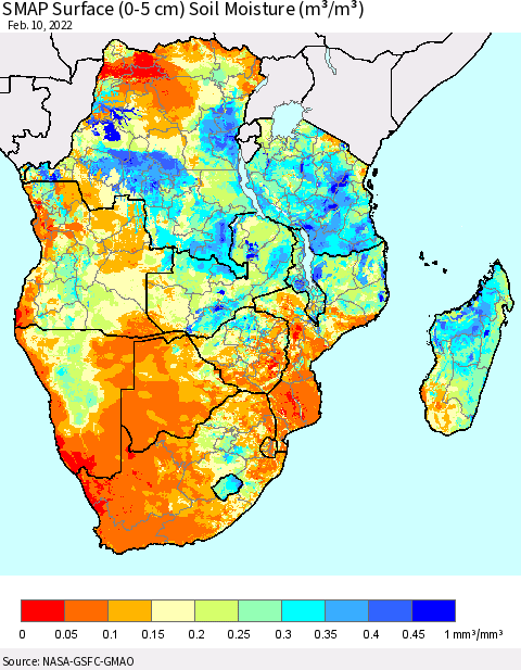 Southern Africa SMAP Surface (0-5 cm) Soil Moisture (m³/m³) Thematic Map For 2/6/2022 - 2/10/2022