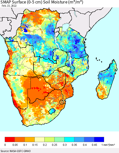 Southern Africa SMAP Surface (0-5 cm) Soil Moisture (m³/m³) Thematic Map For 2/11/2022 - 2/15/2022