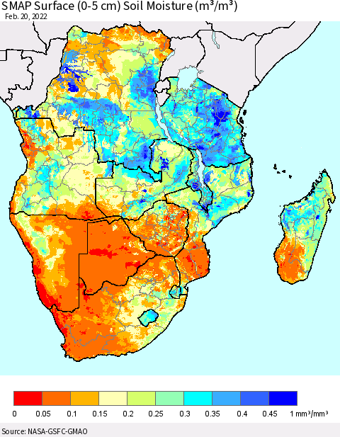 Southern Africa SMAP Surface (0-5 cm) Soil Moisture (m³/m³) Thematic Map For 2/16/2022 - 2/20/2022