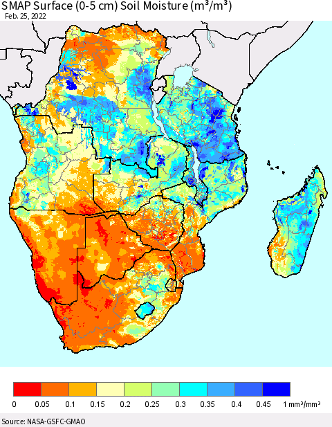 Southern Africa SMAP Surface (0-5 cm) Soil Moisture (m³/m³) Thematic Map For 2/21/2022 - 2/25/2022