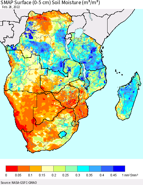 Southern Africa SMAP Surface (0-5 cm) Soil Moisture (m³/m³) Thematic Map For 2/26/2022 - 2/28/2022