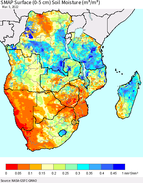 Southern Africa SMAP Surface (0-5 cm) Soil Moisture (m³/m³) Thematic Map For 3/1/2022 - 3/5/2022
