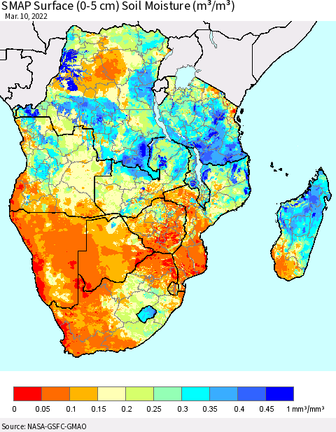 Southern Africa SMAP Surface (0-5 cm) Soil Moisture (m³/m³) Thematic Map For 3/6/2022 - 3/10/2022