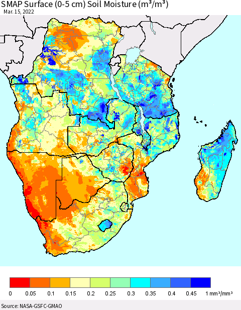 Southern Africa SMAP Surface (0-5 cm) Soil Moisture (m³/m³) Thematic Map For 3/11/2022 - 3/15/2022