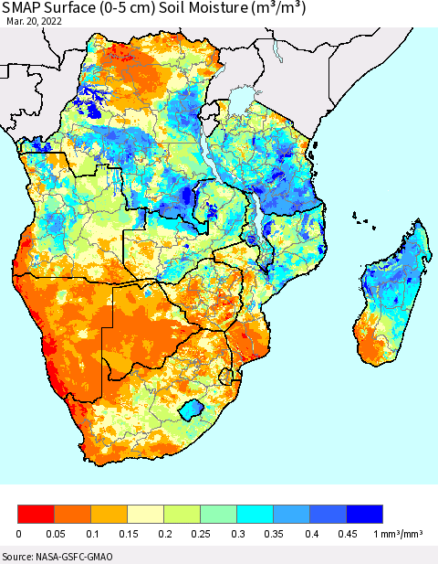 Southern Africa SMAP Surface (0-5 cm) Soil Moisture (m³/m³) Thematic Map For 3/16/2022 - 3/20/2022