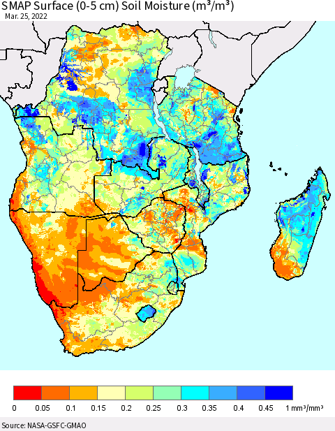 Southern Africa SMAP Surface (0-5 cm) Soil Moisture (m³/m³) Thematic Map For 3/21/2022 - 3/25/2022