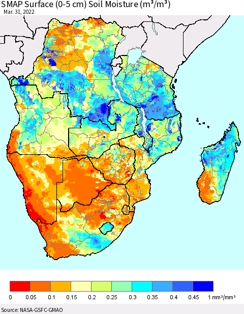 Southern Africa SMAP Surface (0-5 cm) Soil Moisture (m³/m³) Thematic Map For 3/26/2022 - 3/31/2022