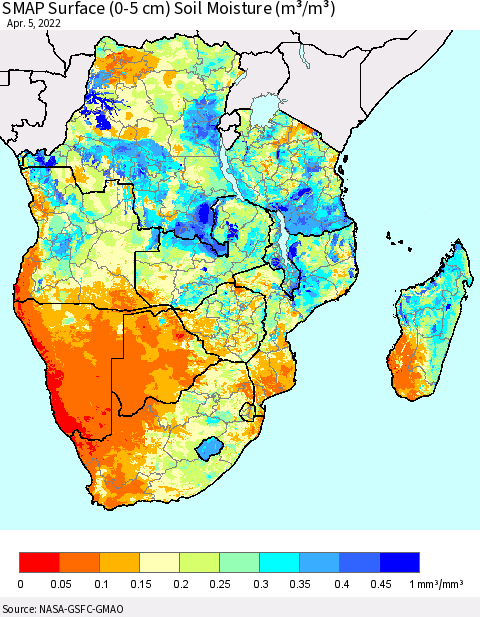 Southern Africa SMAP Surface (0-5 cm) Soil Moisture (m³/m³) Thematic Map For 4/1/2022 - 4/5/2022