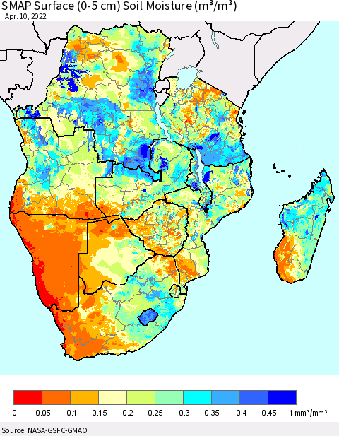 Southern Africa SMAP Surface (0-5 cm) Soil Moisture (m³/m³) Thematic Map For 4/6/2022 - 4/10/2022