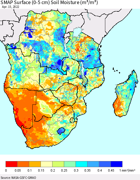 Southern Africa SMAP Surface (0-5 cm) Soil Moisture (m³/m³) Thematic Map For 4/11/2022 - 4/15/2022