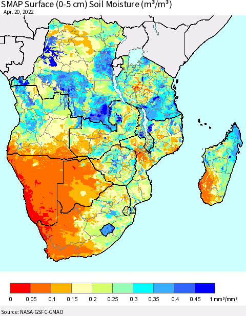 Southern Africa SMAP Surface (0-5 cm) Soil Moisture (m³/m³) Thematic Map For 4/16/2022 - 4/20/2022
