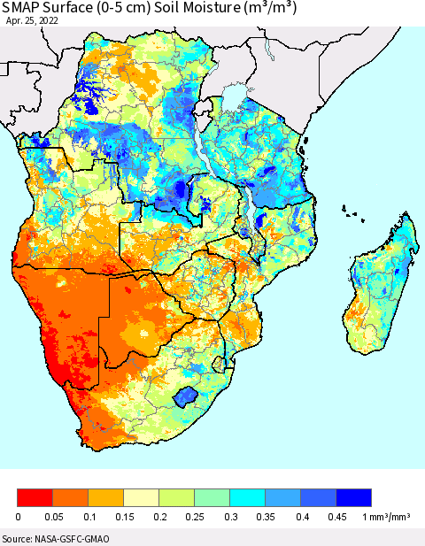 Southern Africa SMAP Surface (0-5 cm) Soil Moisture (m³/m³) Thematic Map For 4/21/2022 - 4/25/2022