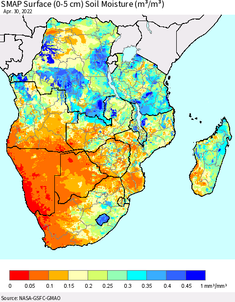 Southern Africa SMAP Surface (0-5 cm) Soil Moisture (m³/m³) Thematic Map For 4/26/2022 - 4/30/2022