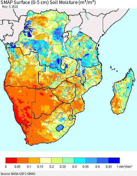 Southern Africa SMAP Surface (0-5 cm) Soil Moisture (m³/m³) Thematic Map For 5/1/2022 - 5/5/2022